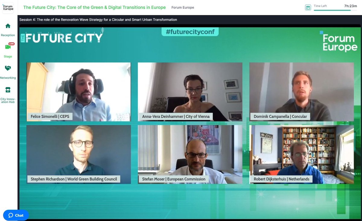 ForumEurope's tweet photo. .@simonellifelice is moderating this morning’s panel on the #RenovationWaveStrategy. He’s joined by Anna-Vera Deinhammer, Stefan Moser @Energy4Europe, @dijksternote, Stephen Richardson of @WorldGBC &amp; Dominik Campanella.

#futurecityconf #urbantransformation #circulareconomy 🏙️🔁 https://t.co/YZjA5AQARB