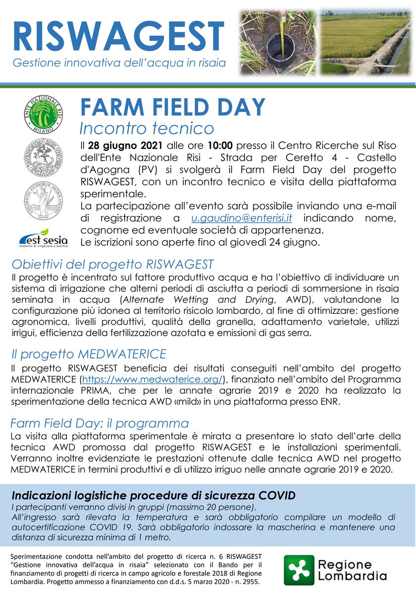 𝗙𝗮𝗿𝗺 𝗙𝗶𝗲𝗹𝗱 𝗗𝗮𝘆 𝗱𝗲𝗹 𝗽𝗿𝗼𝗴𝗲𝘁𝘁𝗼 𝗥𝗜𝗦𝗪𝗔𝗚𝗘𝗦𝗧, con un incontro tecnico e visita della piattaforma sperimentale.
📅 28 giugno 2021
⏰ 10.00
📍 Centro Ricerche sul Riso dell'Ente Nazionale Risi 

<a href="/EnteRisi/">ENTE NAZIONALE RISI</a>