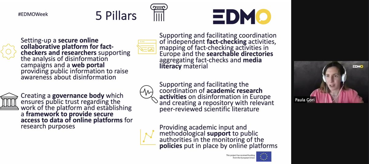 WeVerify's tweet photo. The 5 pillars of @EDMO_EUI explained at #WeVerifyWS by @goripaula following #EDMOweek https://t.co/Q6n8wCHfAf