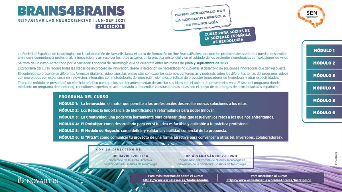 Este lunes comienza una nueva edición del #Brains4Brains

Info e inscripciones:
linkedin.com/posts/activity…
escuelasen.es/brains4brains/…

🧵Programa de esta fase [Curso de Innovación]👇

En septiembre, segunda fase: selección de los mejores proyectos y ejecución con ayuda de mentores🎓🔝