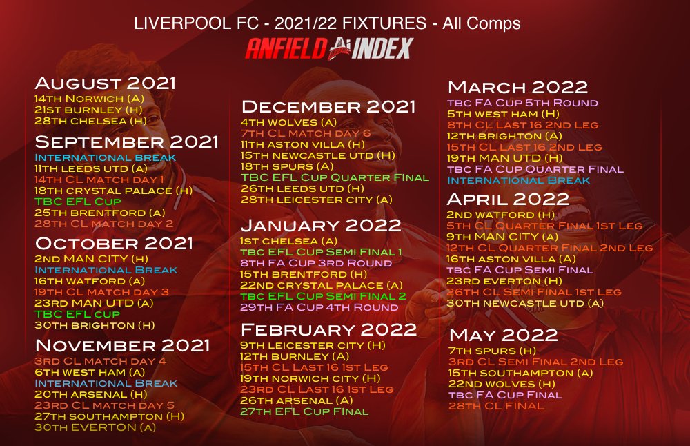 Anfieldindex On Twitter It S That Time Of The Year Again 21 22 Fixtures For Lfc As They Stand Now