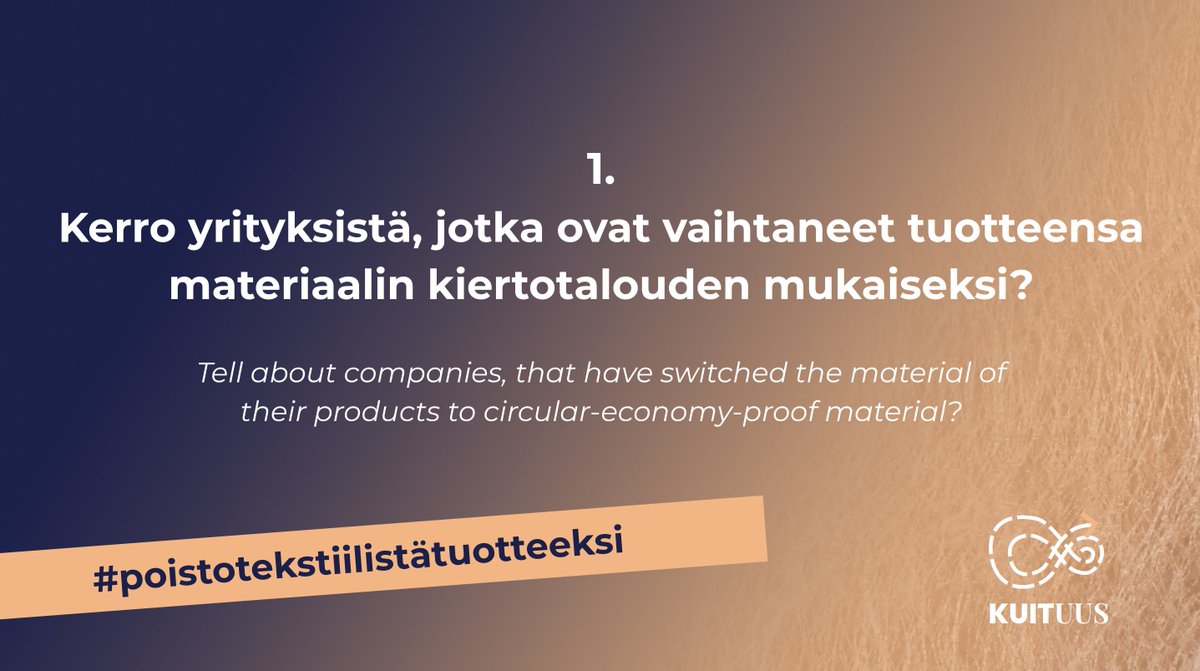 Kuituus (@kuituus) on Twitter photo Aloitetaan,tervetuloa!
1:Kerro yrityksistä, jotka ovat vaihtaneet tuotteensa materiaalin kiertotalouden mukaiseksi?
<a href="/Sinituote/">Sinituote</a> <a href="/TainaNikula/">Taina Nikula</a> <a href="/ethicafinland/">EthicaFinland</a> <a href="/Perheyritys/">Perheyritysten liitto</a> <a href="/CICAT2025/">CICAT2025</a> <a href="/MotivaOy/">Motiva</a> <a href="/ArniAromaa/">Arni Aromaa</a> <a href="/Tim_Forslund/">Tim Forslund</a> <a href="/Finixrevolution/">Finixrevolution</a>
Käytä #poistotekstiilistätuotteeksi + kys.nro Aloitetaan,tervetuloa!
1:Kerro yrityksistä, jotka ovat vaihtaneet tuotteensa materiaalin kiertotalouden mukaiseksi?
<a href="/Sinituote/">Sinituote</a> <a href="/TainaNikula/">Taina Nikula</a> <a href="/ethicafinland/">EthicaFinland</a> <a href="/Perheyritys/">Perheyritysten liitto</a> <a href="/CICAT2025/">CICAT2025</a> <a href="/MotivaOy/">Motiva</a> <a href="/ArniAromaa/">Arni Aromaa</a> <a href="/Tim_Forslund/">Tim Forslund</a> <a href="/Finixrevolution/">Finixrevolution</a>
Käytä #poistotekstiilistätuotteeksi + kys.nro