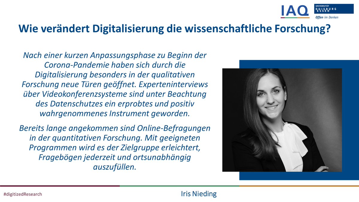 BEST_IAQ's tweet photo. Sowohl #qualitative als auch #quantitative Forschung profitieren von der Digitalisierung, wenn es um #Flexibilität geht. Besonders für Interviews sieht Iris Nieding hier neue Wege im Forschungsprozess.
#digitizedResearch #Digitaltag https://t.co/YBLzYRaLwv