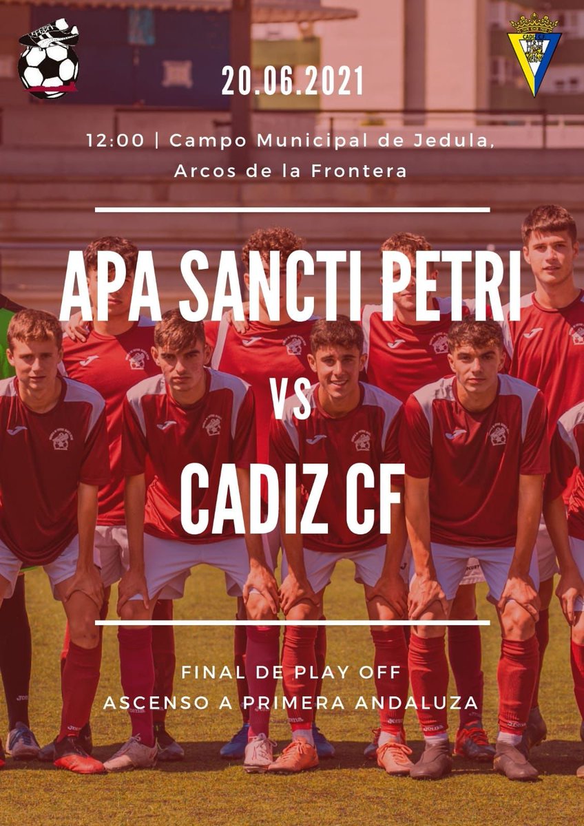 Playoff de Ascenso a 1ª Andaluza, para nuestro Cadete A de Anillo y Ale, que se proclamó campeón de grupo el pasado fin de semana. El partido será el domingo 20 de junio, a las 12:00h en el Campo Municipal de #Jédula, ante el <a href="/Cadiz_CF/">Cádiz Club de Fútbol</a>

¡Mucha suerte! ¡Muy orgullosos de vosotros!