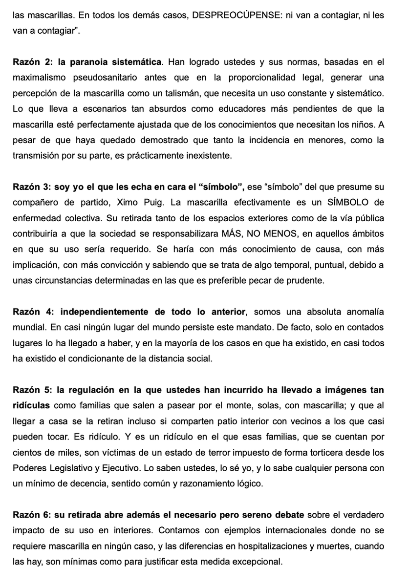ArqueroPublico's tweet photo. Carta abierta a la ministra de Sanidad @CarolinaDarias 

Muy señora mía:

Quiero caminar por la calle SIN mascarilla.

Me gustaría que sea un acto de normalidad, no un DELITO. Hacerlo con la tranquilidad de que no me pueden MULTAR por ello.

Pero no es suficiente. Hace falta más. https://t.co/QtOykGx3H6