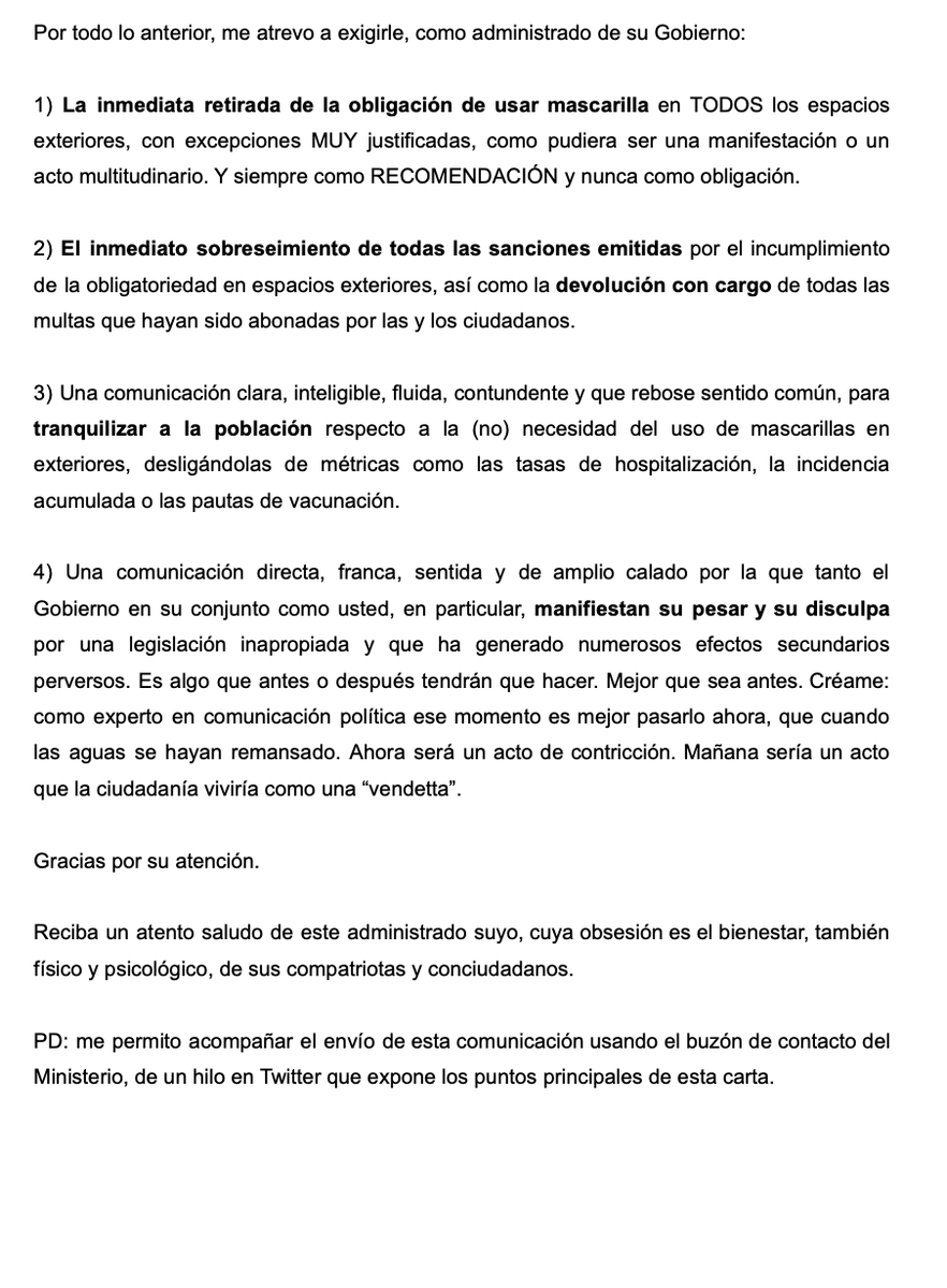 ArqueroPublico's tweet photo. Carta abierta a la ministra de Sanidad @CarolinaDarias 

Muy señora mía:

Quiero caminar por la calle SIN mascarilla.

Me gustaría que sea un acto de normalidad, no un DELITO. Hacerlo con la tranquilidad de que no me pueden MULTAR por ello.

Pero no es suficiente. Hace falta más. https://t.co/QtOykGx3H6