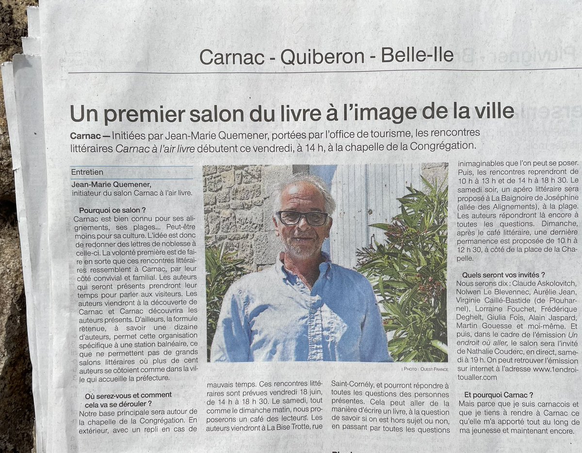 Merci <a href="/OuestFrance_56/">Ouest-France 56</a> !
On y parle de <a href="/CarnacLAirLivre/">CarnacALAirLivre</a> …
Et c’est bon … Hâte de commencer. RDV vendredi 14 h ….
<a href="/askolovitchC/">claude askolovitch</a> <a href="/nleblevennec/">Nolwenn Le Blevennec</a> 
#Livres #Salon #Carnac #Auteurs