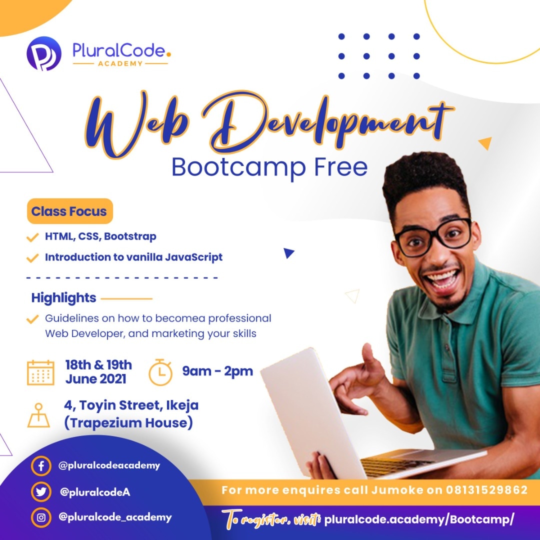 Pluralcode_Acad's tweet image. Join our free coding sandbox this Fri&Sat
Signup @ pluralcode.academy/bootcamp
Time: 10am
Address: 4B, Toyin Street, Ikeja (Trapezium House)