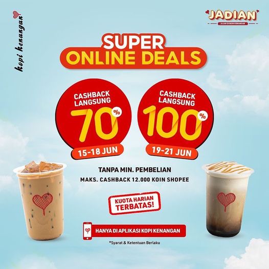 Mulai hari ini dapatkan promo ShopeePay Online Deals spesial Cashback hingga 100% (Mak. Cashback 12.000 Koin Shopee) untuk pembelian khusus hanya di aplikasi Kopi Kenangan.

instagram.com/p/CQKeKMshvPy/