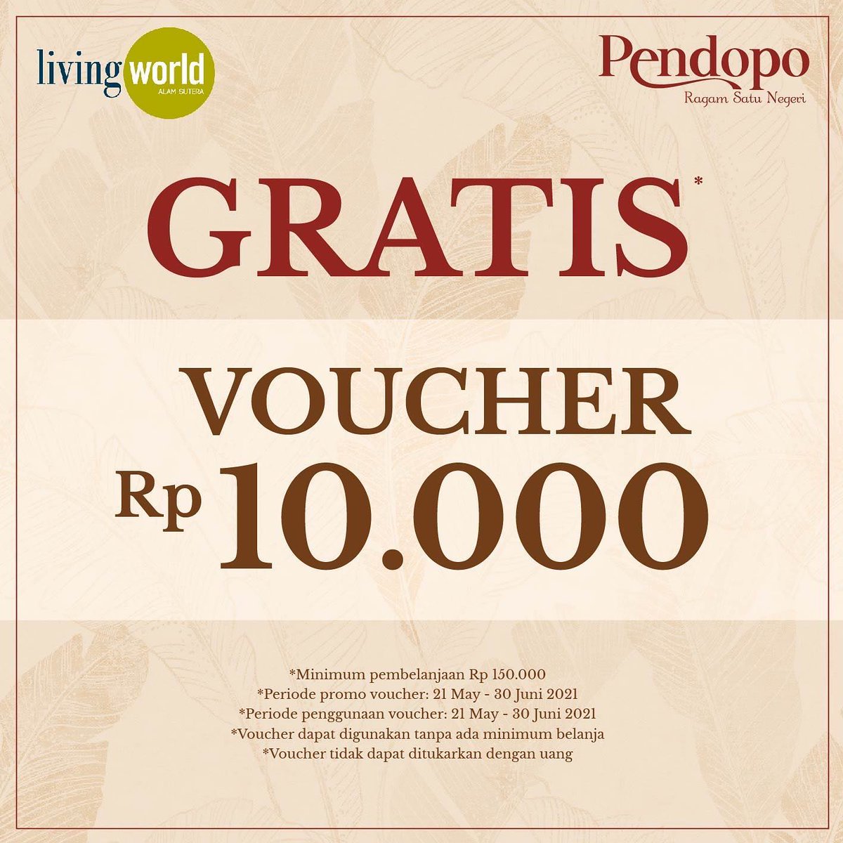 Halo sahabat Pendopo Indonesia, kini kamu bisa mendapatkan bonus voucher Pendopo senilai Rp 20.000 dengan melakukan pembelanjaan min Rp 150.000 di Pendopo Living World Alam Sutera

instagram.com/p/CQKeVRihyWS/