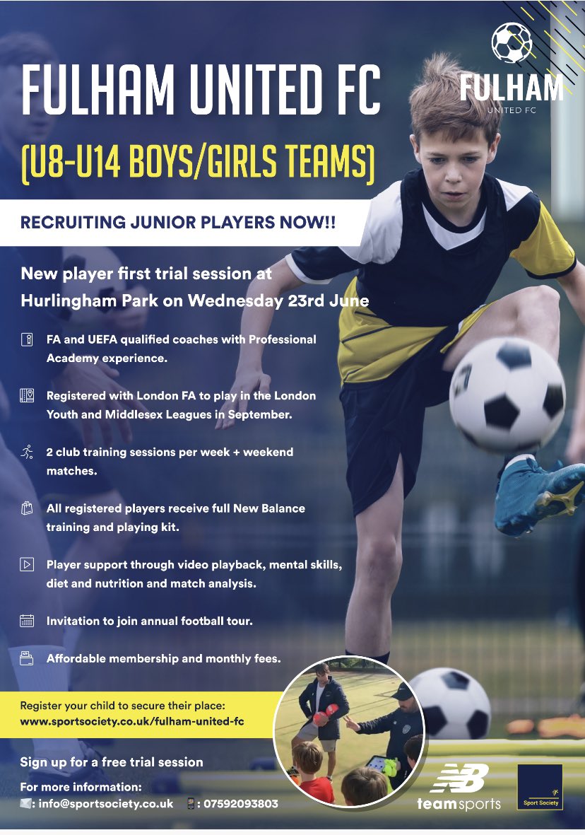 ⚽️ Fulham United FC (U8-U14 teams) ⚽️U8 to U14 teams for girls and boys. ⚽️Sessions take place at Hurlingham Park Astroturf facilities. ⚽️FA and UEFA qualified coaches Register your child to secure their place: sportsociety.co.uk/Fulham-United-… 📧 : info@sportsociety.co.uk #football