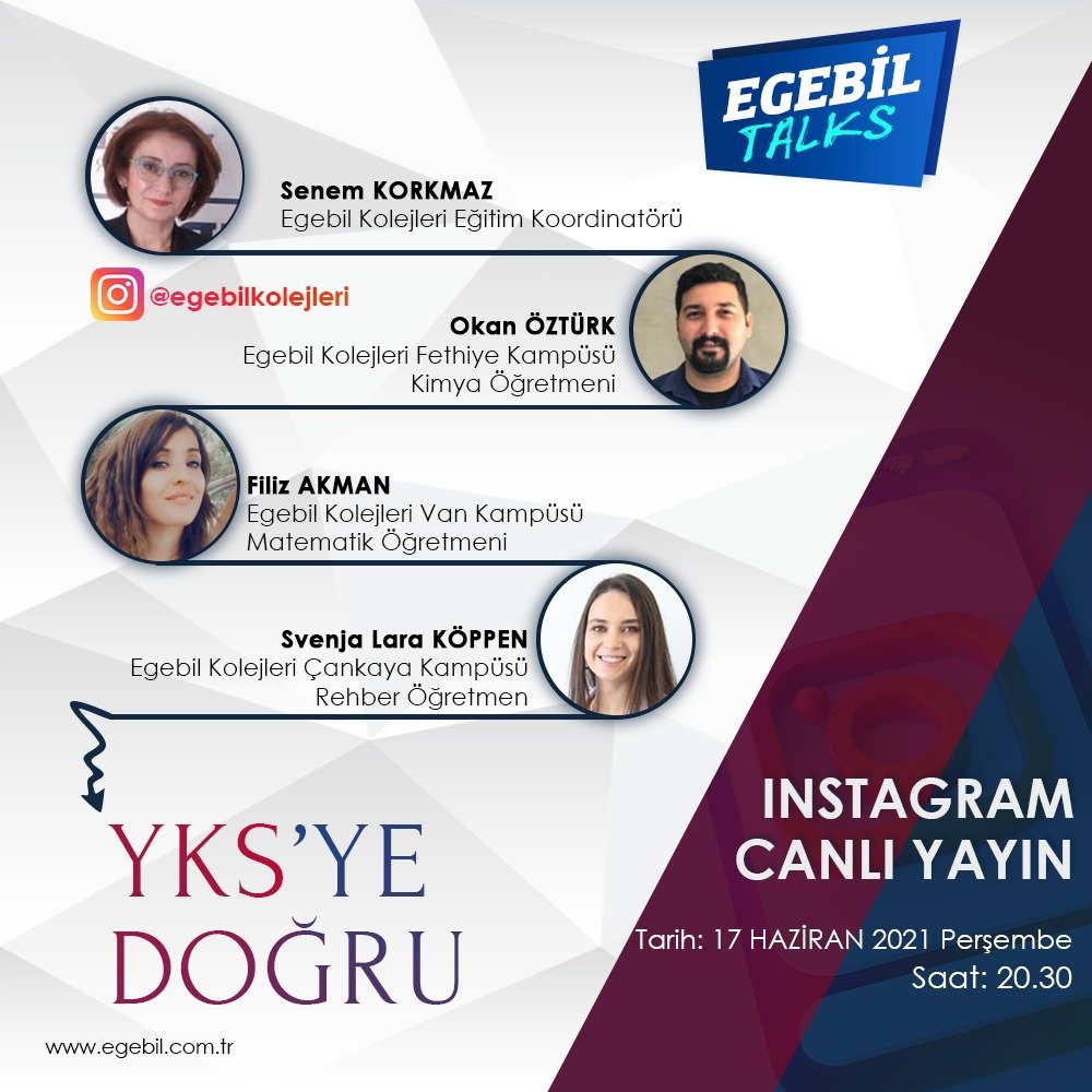 Eğitim Koordinatörümüz Sn. Senem KORKMAZ, Fethiye Kampüsümüzden Kimya Öğretmeni Sn. Okan ÖZTÜRK, Van Kampüsümüzden Matematik Öğretmeni Sn. Filiz AKMAN ve Çankaya Kampüsümüzden Rehber Öğretmeni Sn. Svenja Lara KÖPPEN YKS'ye günler kala ipuçlarını paylaşacak

#egebil #yks #tyt #ayt