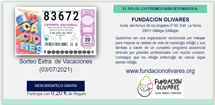 lotomalaga's tweet photo. RT. ¿Quieres jugar gratis a la lotería y colaborar en una buena causa? @FundOlivares cuida de niños enfermos de cáncer. Descárgate GRATIS una participación de #LoteriaNacional, sin sorteos. https://t.co/ureqo6h5R9 https://t.co/sNFVeknuUg