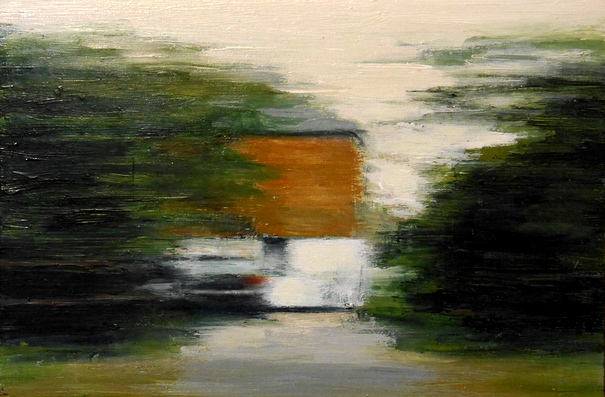 Dwelling 1. Dwelling 3. 2014. <a href="/KateShermanArt/">Kate Sherman</a>. #Oil on wood. With the viewer in motion, the horizontal blur captures our momentum while also representing our indifference to the random and anonymous dwellings only ever registered in the peripheral view.

#oilpainting #ukartist