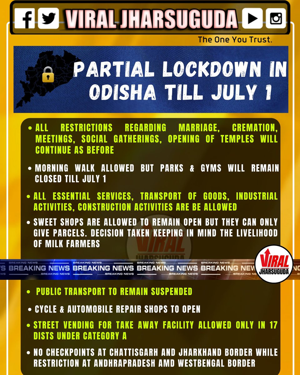 ViralJharsuguda's tweet photo. #BIGBREAKING

Odisha Announces Partial Unlock, Check Details 

#OdishaUnlock #PartialUnlock #Covid19 #Odisha 
https://t.co/YVsB8aOfDK https://t.co/vNoohFKCP5