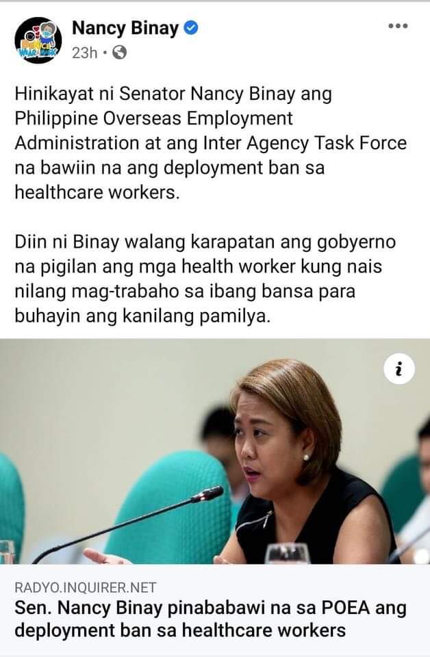 NurseCJ3's tweet photo. Thank you @SenNancySBinay 
@SAPBongGo 
@bebotbelloph 
@poeajobhiring 
@poeaNews 
@laborgovph 
@teddyboylocsin 
#prisonurse 
#liftHCWBan
#FreePhNursesFree https://t.co/hHI0b0VbSs