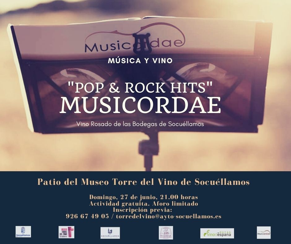 Concierto  ‘Pop & Rock Hits’ de Musicordae,  el domingo 27, en @TorreVino  La actuación se maridará con vinos rosados de las bodegas de Socuéllamos.
Aforo limitado, inscripción previa
#MTDVS #socuéllamosturismo  #EnoturismoRVE #RutadelVinodeLaMancha  #DOLaMancha
#museosdelvino