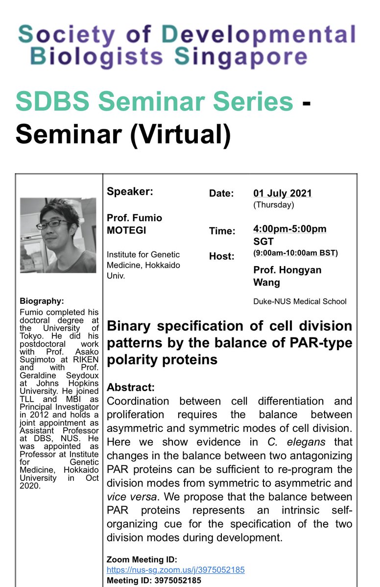 Society of Developmental Biologists Singapore (@devbio_sg) on Twitter photo Upcoming exciting seminar by Fumio Motegi on PAR polarity and asymmetric division! <a href="/phil1pingham/">Philip Ingham</a> <a href="/HongyanWang9/">Hongyan Wang</a> <a href="/TimESaunders/">Timothy Saunders</a> <a href="/NSCRL_NNI/">Neural Stem Cell Research Lab</a> @dmvirshup <a href="/MonteiroLab/">Antonia Monteiro</a> <a href="/RayintheRedDot/">Ray Dunn</a> <a href="/Yusuke_Toyama/">Yusuke Toyama</a> <a href="/MiaoYansong/">Yansong Miao Lab</a> <a href="/fengwei_yu/">Fengwei YU</a> <a href="/_JSDB_/">JSDB</a> Upcoming exciting seminar by Fumio Motegi on PAR polarity and asymmetric division! <a href="/phil1pingham/">Philip Ingham</a> <a href="/HongyanWang9/">Hongyan Wang</a> <a href="/TimESaunders/">Timothy Saunders</a> <a href="/NSCRL_NNI/">Neural Stem Cell Research Lab</a> @dmvirshup <a href="/MonteiroLab/">Antonia Monteiro</a> <a href="/RayintheRedDot/">Ray Dunn</a> <a href="/Yusuke_Toyama/">Yusuke Toyama</a> <a href="/MiaoYansong/">Yansong Miao Lab</a> <a href="/fengwei_yu/">Fengwei YU</a> <a href="/_JSDB_/">JSDB</a>