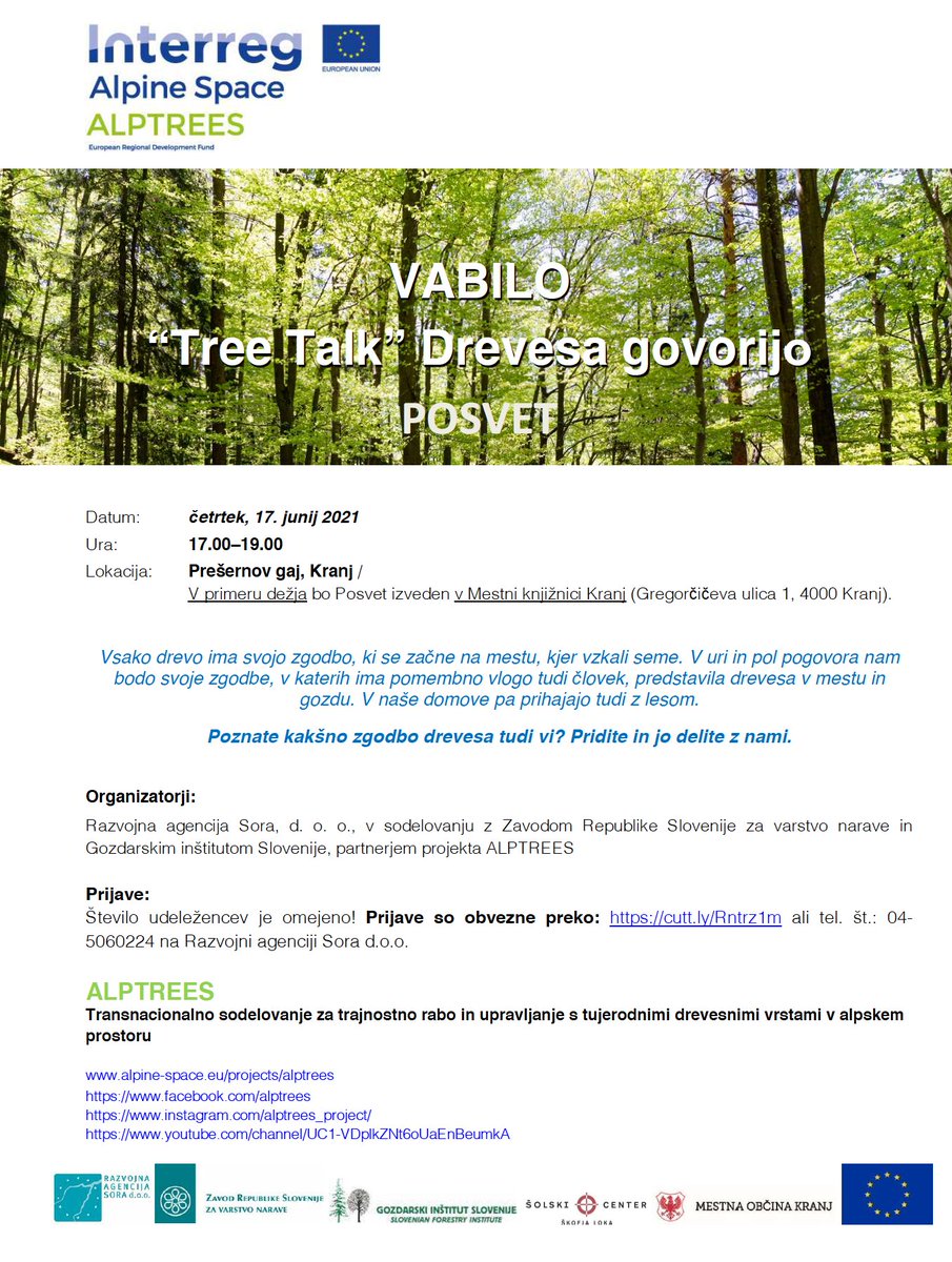 alptrees_AS's tweet photo. All eyes on Slovenia! Our next TREE TALK will take place Thursday from 5pm - 7pm in the City of Kranj! Be part of our audience for a line up of experts concerning non native trees in the Alpine Space
https://t.co/17jVPhDTrA
#interreg #nonnativetrees #alientrees #alptrees https://t.co/vvUYZVRaks