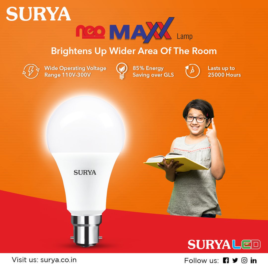 pulsåre universitetsområde voldsom Surya Roshni on Twitter: "Surya Neo Maxx LED Lamp fills your entire room  with high brightness without being heavy on your pocket. Visit us at-  https://t.co/c7VcwX0FLK #Surya #SuryaLED #SuryaRoshni #LedLighting #LedLight  #SaveElectricity #