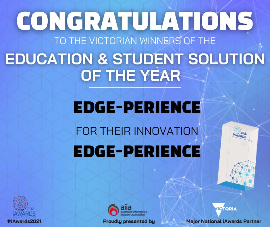 theiAwards's tweet photo. CONGRATULATIONS to ‘Edge-perience’ for their innovation. A well-deserved win!

@AIIA_ICT #iAwardsVIC #iAwards2021 @telstrapurple @VicGovDJPR @VicGovAu @deakin https://t.co/FDJsTyOtY3