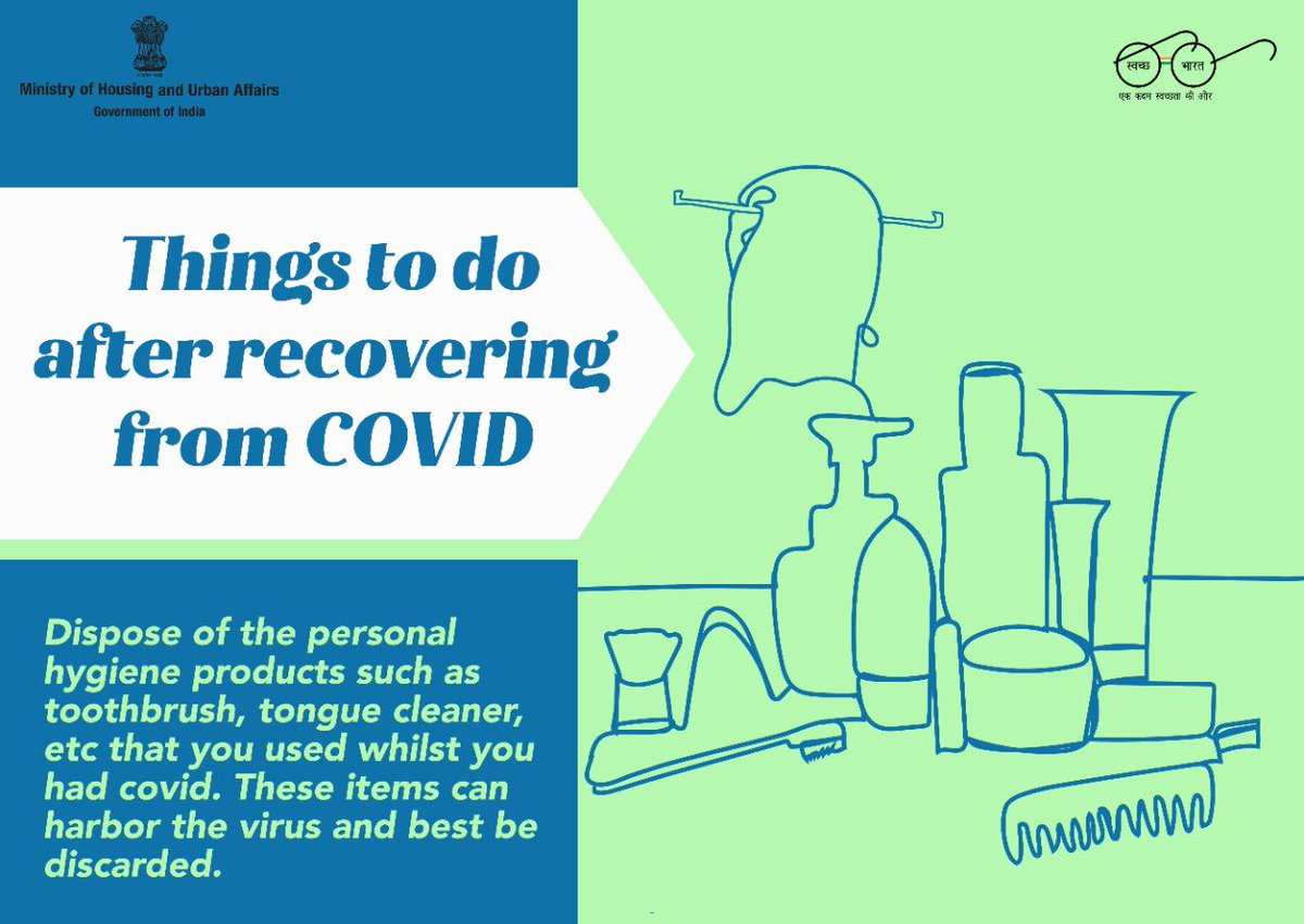 hriday_MoHUA's tweet photo. Post #Covid_19 recovery, dispose of the personal hygiene products like toothbrush, tongue cleaner, etc, that you used whilst you had covid. 

These items can harbor the virus, so it's crucial to get rid of such things. 

#IndiaFightsCorona #Unite2FightCorona
#StaySafe https://t.co/Kh5aSygUcB