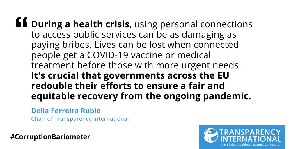 Health care is a hotspot for corruption. This is of particular concern during the current COVID-19 pandemic, when citizens urgently need medical support and vaccinations. 

Check out the EU #CorruptionBarometer: anticorru.pt/2xR