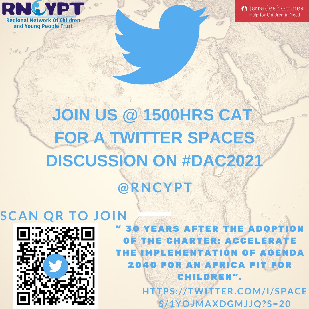 Make a date with us as we discuss with children and young people from across Zimbabwe on #DAC2021 reflecting on “30 years after the adoption of the Charter: accelerate the implementation of Agenda 2040 for an Africa fit for children”

x.com/i/spaces/1yoJM…