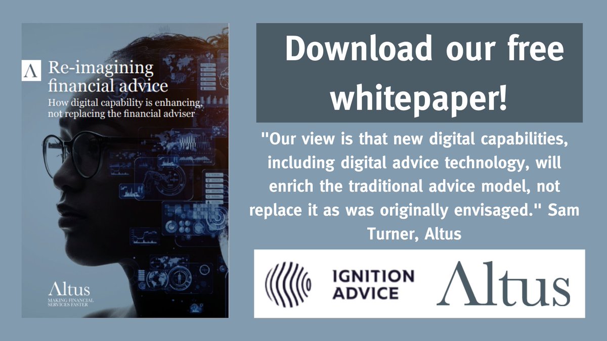 AltusCons's tweet image. It's here! Take a look at our brand new #whitepaper - Re-imagining financial advice, in collaboration with @IgnitionAdvice.

Find out how #digital capability is enhancing, not replacing, the financial #adviser. Download for free! loom.ly/rXQ-rIc #DigitalAdvice #FinTech