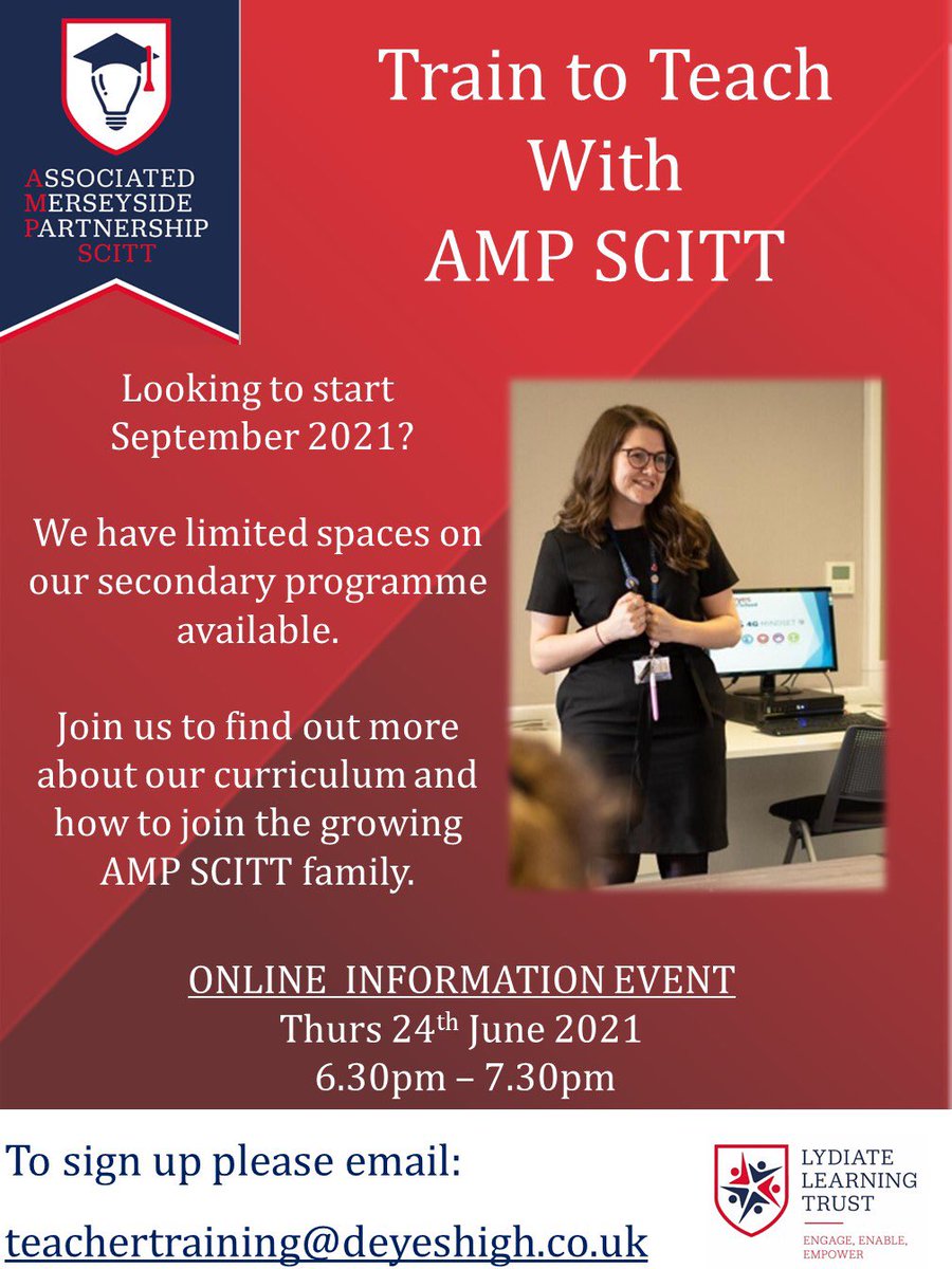 Deyes High School (@deyeshigh) on Twitter photo Looking to teach? There’s still time to register for <a href="/AMPSCITT/">AMP SCITT</a> final online event of the year where you’ll meet the team and learn more about the curriculum. Simply email the address below 🖥🍎📚
<a href="/EducateMag/">Educate Magazine</a> <a href="/champnews/">Champion Newspaper</a> <a href="/LivEchonews/">Liverpool Echo</a> <a href="/LivUni/">University of Liverpool</a> <a href="/LJMU/">Liverpool John Moores University</a> #traintoteach #teachertraining Looking to teach? There’s still time to register for <a href="/AMPSCITT/">AMP SCITT</a> final online event of the year where you’ll meet the team and learn more about the curriculum. Simply email the address below 🖥🍎📚
<a href="/EducateMag/">Educate Magazine</a> <a href="/champnews/">Champion Newspaper</a> <a href="/LivEchonews/">Liverpool Echo</a> <a href="/LivUni/">University of Liverpool</a> <a href="/LJMU/">Liverpool John Moores University</a> #traintoteach #teachertraining