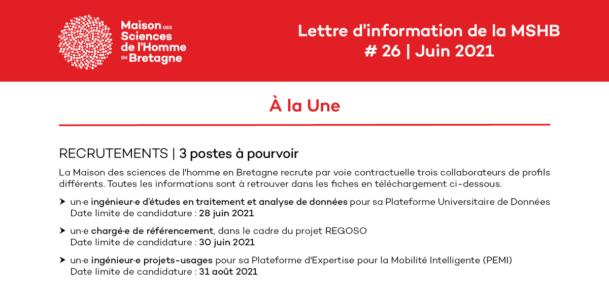 MshBretagne's tweet photo. 🗞A la Une de notre lettre de juin
3⃣ postes à pourvoir
1⃣ ingénieur·e pour la PUD @progedo
📄https://t.co/CwCnw9i8ql
1⃣ chargé·e de référencement #REGOSO @OpenEditionActu
📄https://t.co/jUrqdI56Np
1⃣ ingénieur·e projets-usages #PEMI #mobilité
📄https://t.co/WtsIe4lu7N https://t.co/XCjecuPyiK