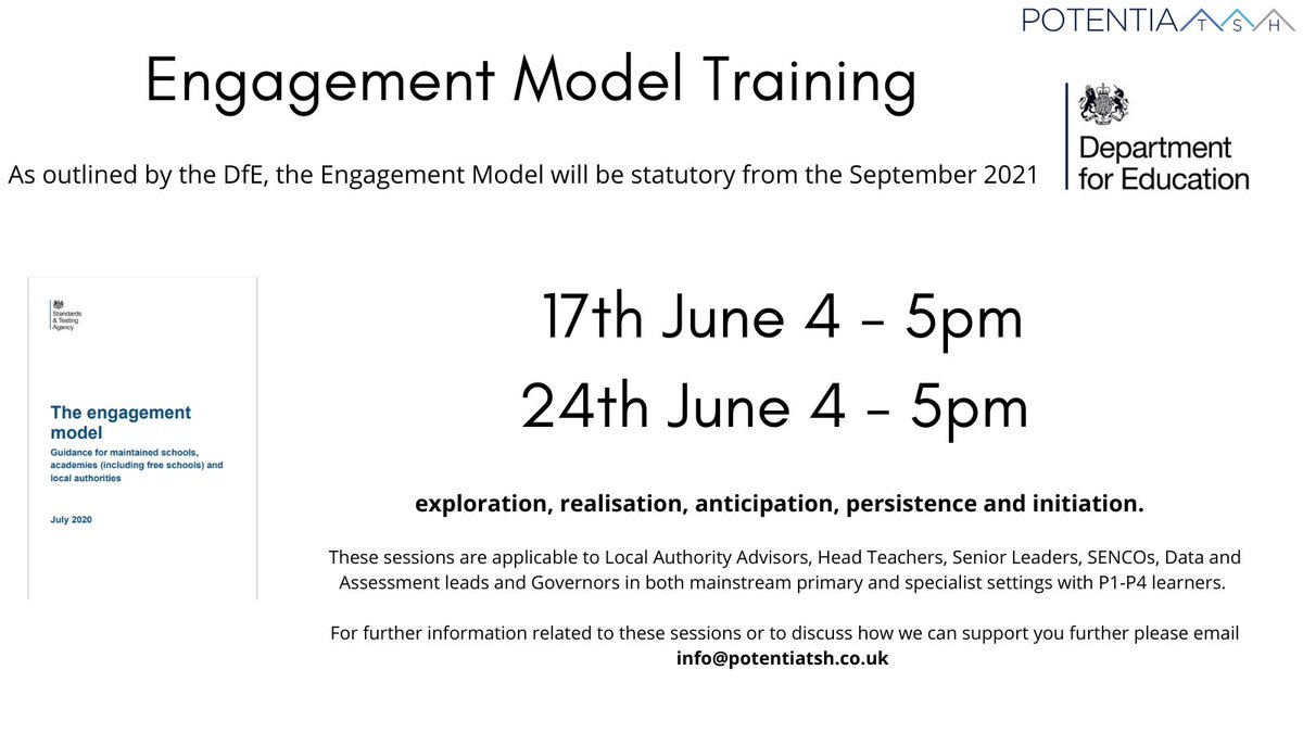 PotentiaTSH's tweet image. info@potentiatsh.co.uk 

Email us for your link to the training session on #engagementmodel replacing the P Level system in schools