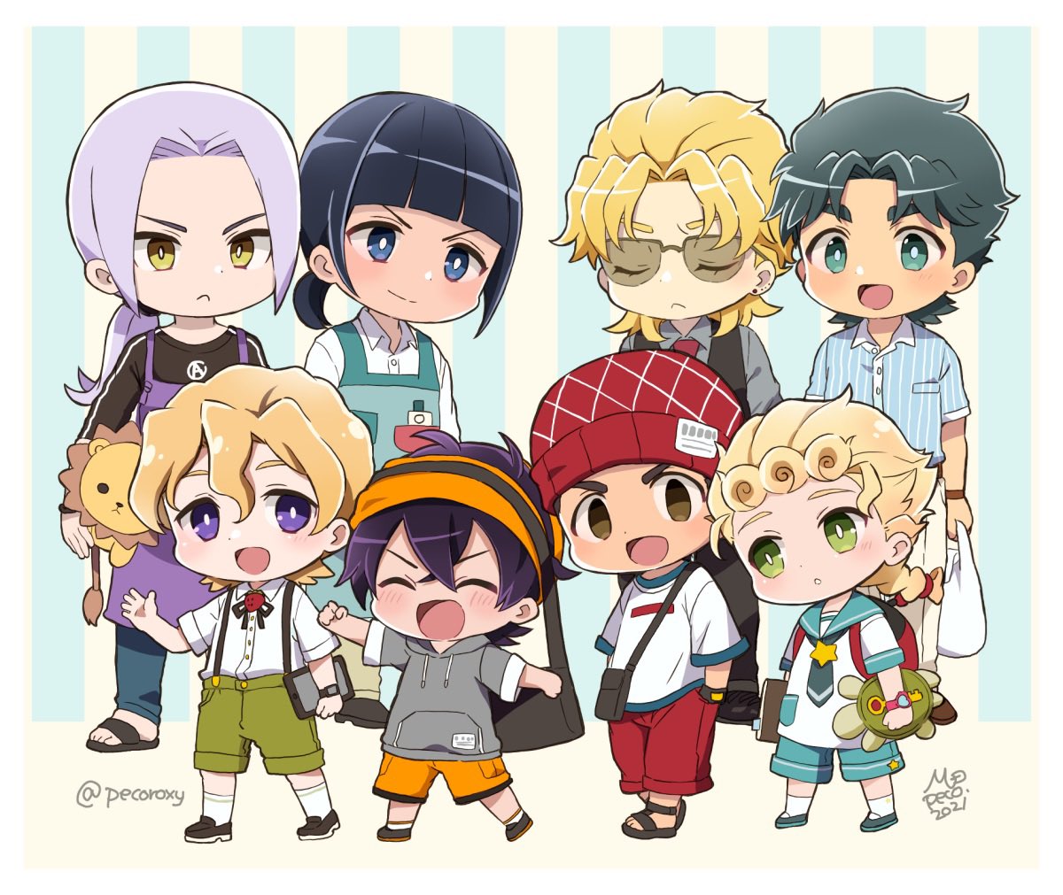 giorno giovanna ,narancia ghirga multiple boys blonde hair 6+boys shorts bag black hair chibi  illustration images