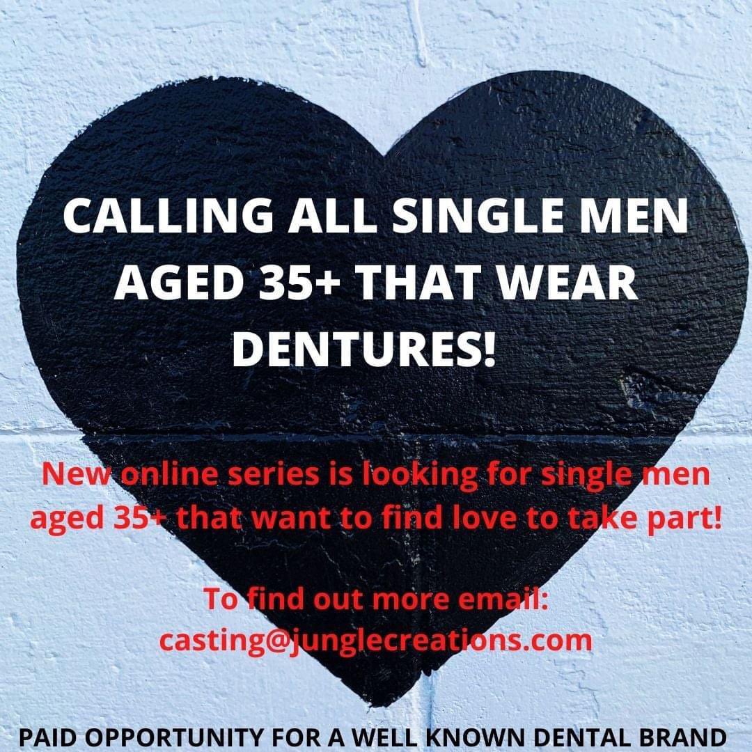 *PAID OPPORTUNITY*
Single men aged 35 + wanted to feature in an online dating series for a well known dental brand!
EMAIL: CASTING@JUNGLECREATIONS.COM