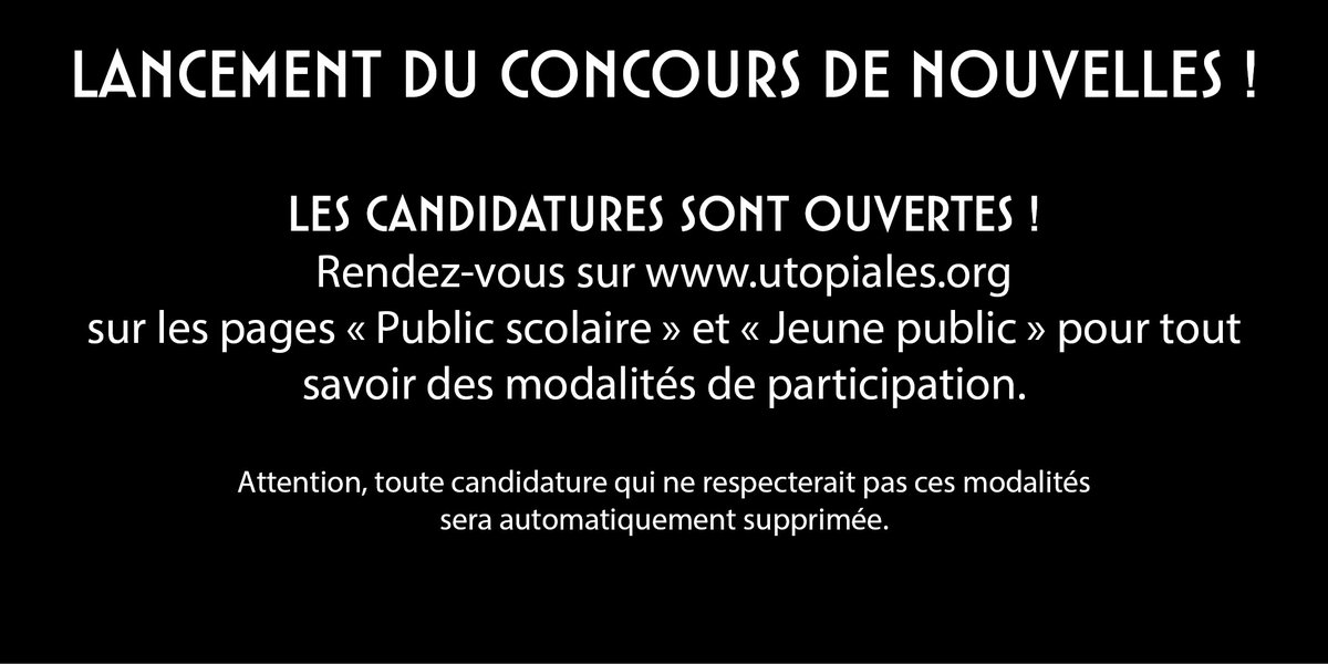 Comme chaque année, le festival organise un concours de nouvelles destiné aux jeunes de 8 à 18 ans. Cette année, le thème est "Transformations".
Retrouvez toutes les modalités du concours sur notre site internet : utopiales.org/festival-inter…
#sciencefiction #Utopiales2021