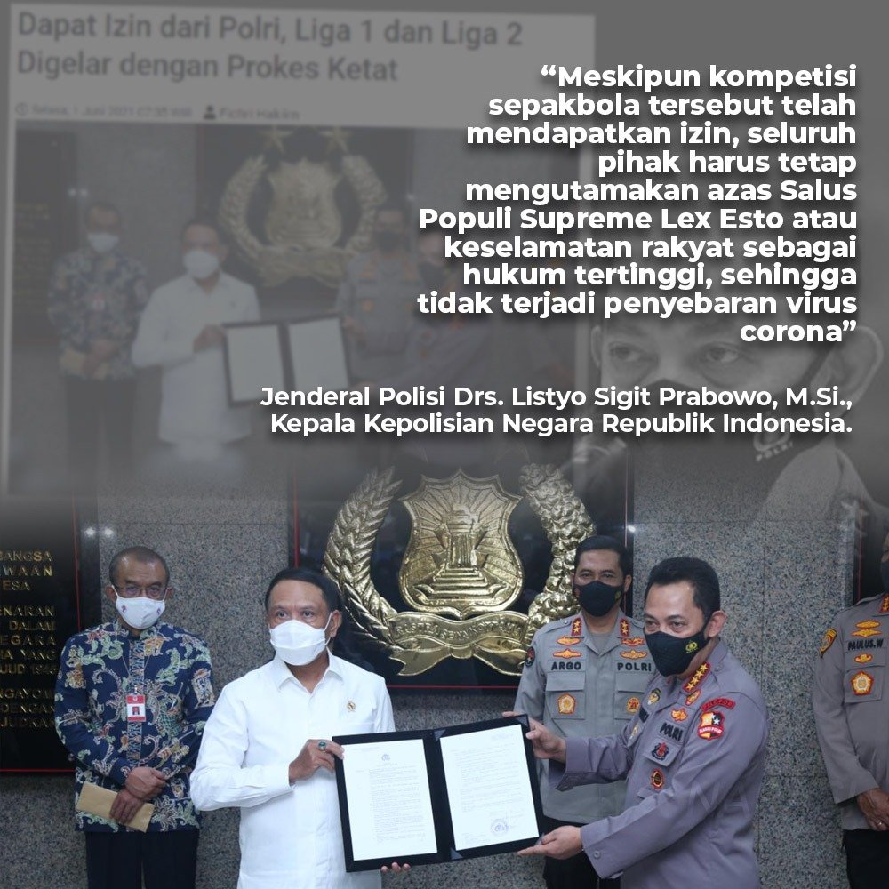 PolsekNgrayun's tweet photo. Kapolri Jenderal Listyo Sigit Prabowo resmi menerbitkan izin pertandingan sepak bola Liga 1 dan Liga 2 tahun 2021 namun harus diselenggarakan dengan penerapan protokol kesehatan yang disiplin dan ketat

#Liga1TaatProkes
Kompetisi Masa Pandemi @polisijatim1 https://t.co/4jzsEw4tsS https://t.co/EpMd4ZnasI
