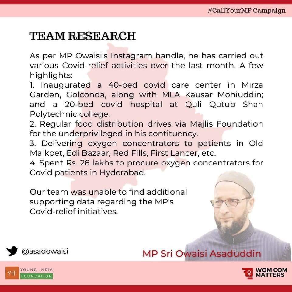 Aimim Chief @asadowaisi is highly accessible to the people of his constituency 3 out of 17 MPs from Telangana have high accessibility indicator, meaning citizens can reach out to them directly for help anytime! This report was undertaken by WomComMatters & Young India Foundation.