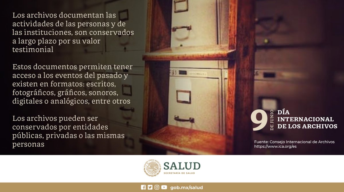 SSalud_mx's tweet image. 9 de junio | #DíaInternacionalDeLosArchivos 

Los archivos documentan las actividades de las personas y las instituciones. 

Conoce más en ➡️ ica.org/es

#EmpoderarLosArchivos