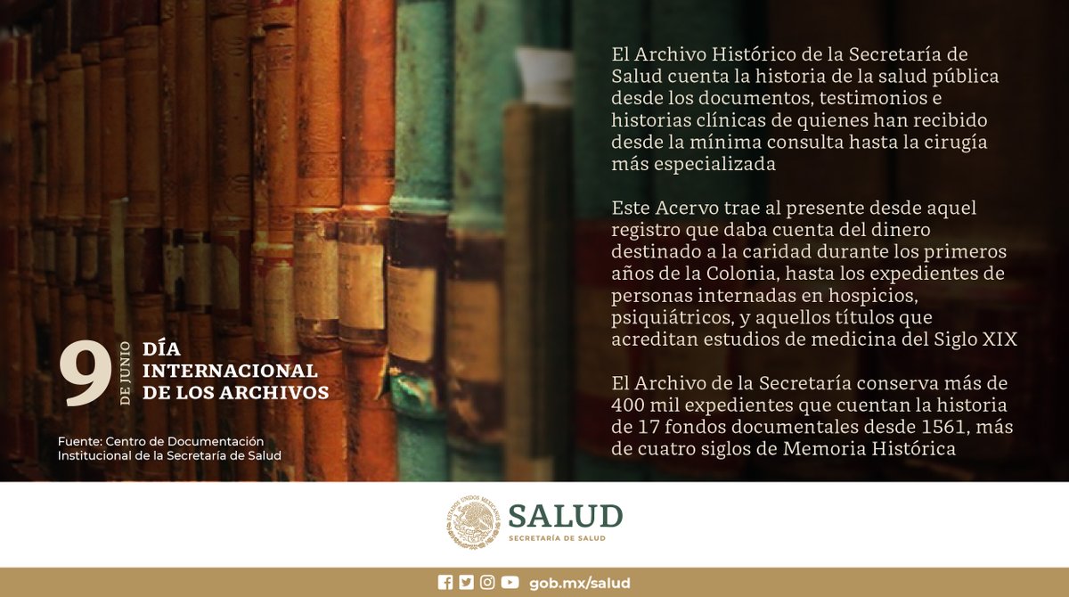 SSalud_mx's tweet image. 9 de junio | #DíaInternacionalDeLosArchivos 

El Archivo Histórico de la @SSalud_mx conserva más de cuatro siglos de #MemoriaHistórica. 

Conoce más en ➡️ gob.mx/agn

#EmpoderarLosArchivos