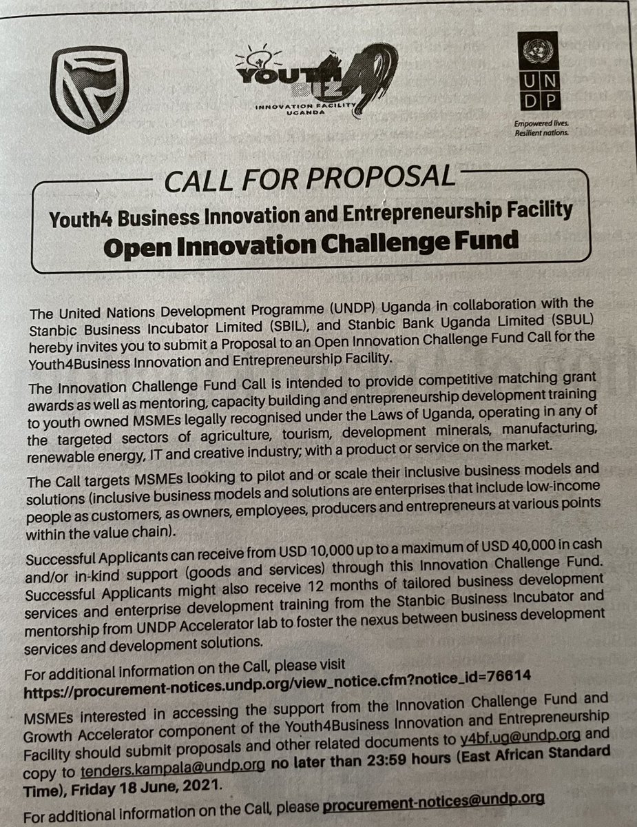 Comrade_Otoa's tweet image. Hi Young entrepreneurs. We are giving out matching grants to support your businesses. This is a great opportunity that should not be missed. The grants range $10,000 and $40,000. 

Please retweet, the next big business could be yours or on your timeline.
@stanbicug @UNDPUganda