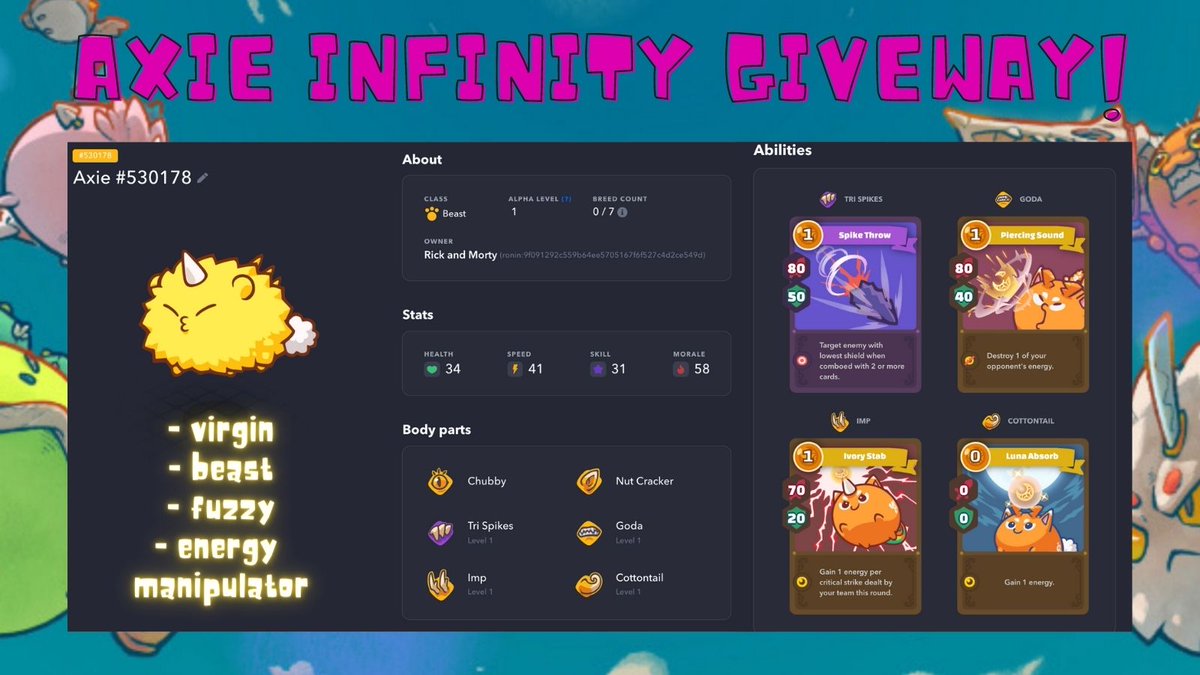 🤑 Quite some have time passed since my last Axie Infinity #NFT #giveaway

🚀 I back to heavy breeding on Ronin so I can back to regular giveaways!

🔎Rules:
- Like&amp;RT
- follow me <a href="/3xhuman/">exhuman (hmu for devs)</a> and <a href="/AxieInfinity/">Axie Infinity</a> 
- in the comment answer question: Why people should start playing Axies?