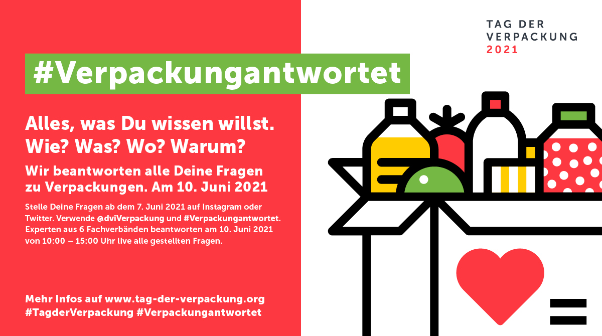 Verpackungstag's tweet photo. Am Donnerstag, 10. Juni 2021, beantworten Expertinnen und Experten vom #TagderVerpackung alle Fragen rund um die Verpackung. Einfach die Frage unter dem Hashtag #Verpackungantwortet an @dviVerpackung stellen.
Dabei ist es egal, worauf sich die Frage bezieht. (...) https://t.co/dZFIU5ptPG