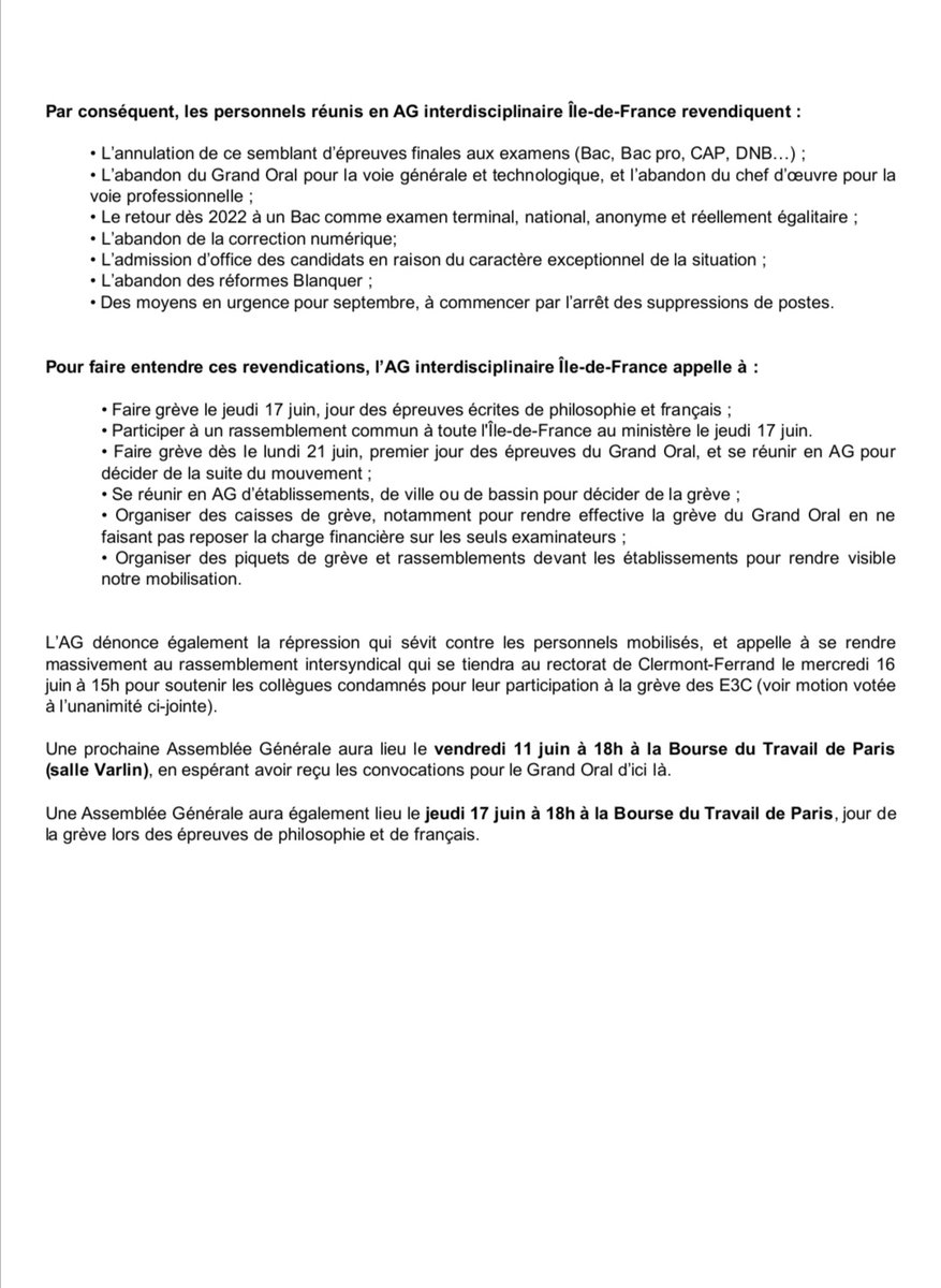 Appel de l’AG interdisciplinaire Île-de-France sur les examens. 
Toutes et tous en grève le 17 et le 21 juin contre le Bac Blanquer !
