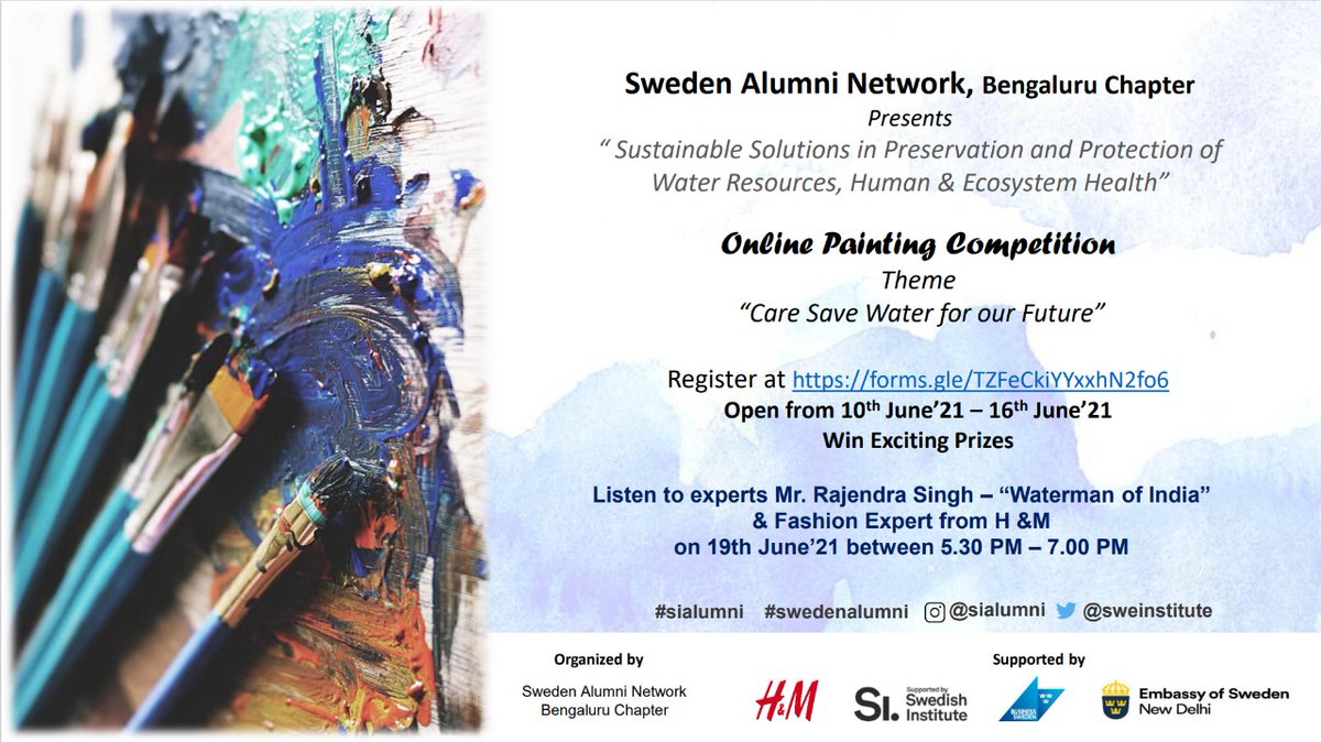 RISEInfinityF's tweet photo. Sweden Alumni Network, Bengaluru Chapter presents "Sustainable Solutions in Preservation and Protection of Water Resources, Human & Ecosystem Health” Online Painting Competition.
Register:https://t.co/TLi26LlRpk
@sweinstitute
#sialumni #swedenalumni @hm @hmindia @SwedeninIndia https://t.co/8nUNnmYBbj