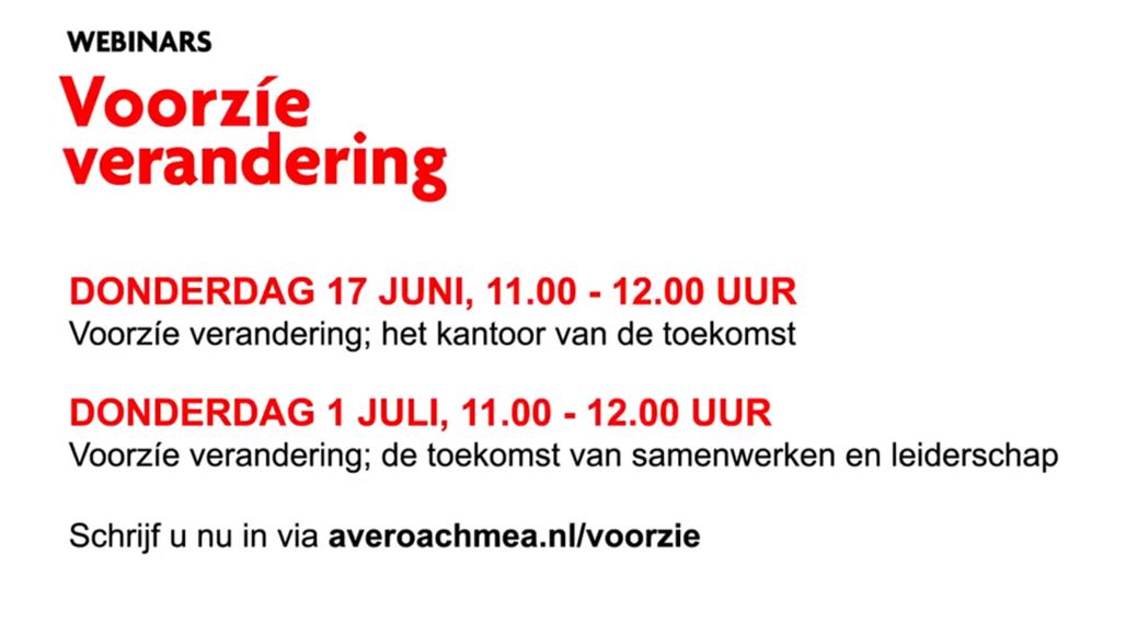 We geven 2 gratis webinars over de toekomst van werken. "Hybride werken", wat betekent dat voor de inrichting, ICT, HR. Achmea, Mercer / Marsh en Voorzie delen hun visie. Aanmelden kan via: averoachmea.nl/voorzie