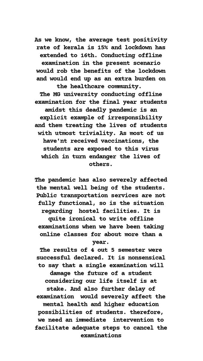 AishaJaphar's tweet photo. Further delay of examination  would severely affect higher education possibilities of students. We need an immediate  intervention to facilitate adequate steps to cancel the exams.
#cancelExamsSaveStudent 
#cancelMGUexams
#cancelMGUexams2021
@CMOKerala 
@KeralaGovernor https://t.co/bFr2bOWTUF