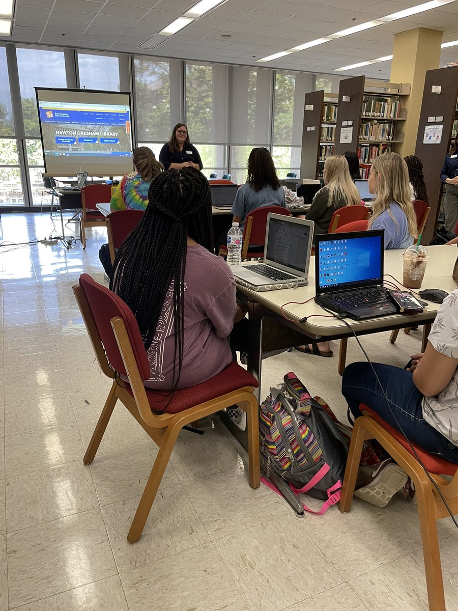 DrMacieKerbs's tweet photo. Today the @SHSULibrary hosted my READ 3315 class. Ashley Crane and Heather Adair walked us through library resources to help us build classroom text sets across the content areas. I am so thankful for these two valuable resources at @SamHoustonState 🧡 https://t.co/fzenRxwHxr