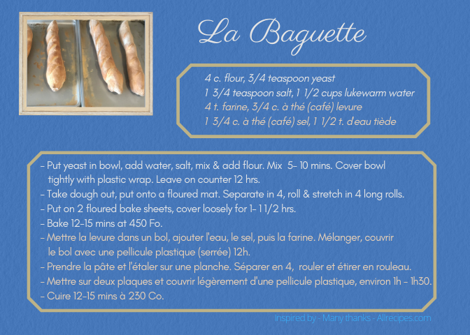 Mixing tonight, baguette tomorrow morning! Pâte ce soir, baguette demain matin! 
Thanks, Allrecipes.com for this simple, no knead baguette recipe (personalized). 
Merci Allrecipes.com pour cette recette (personnalisée) simple, sans pétrissage.