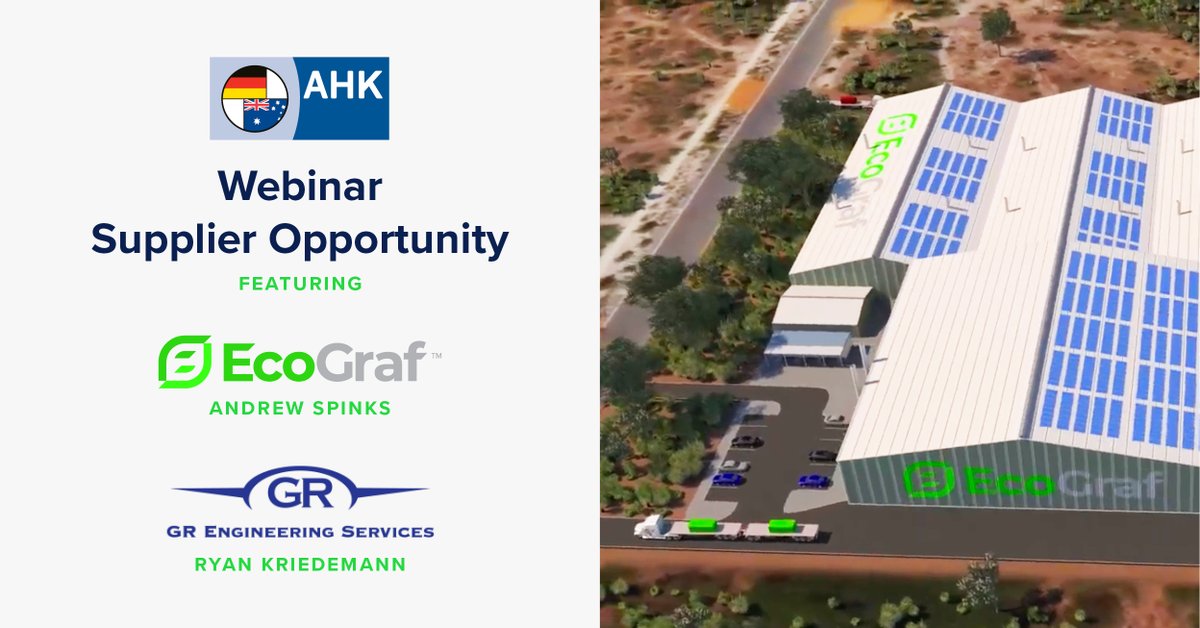 EcoGraf's tweet image. Join us for the @GermanChamberOz webinar on June 15 featuring #EcoGraf’s Andrew Spinks &amp;amp; GR Engineering's Ryan Kriedemann about $EGR's diversified #batteryanodematerial business and #supplieropportunities at the #graphite processing facility. Register Now: bit.ly/3iwPkJ5