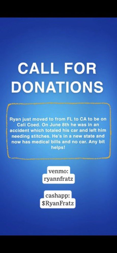 Hey I was on my way to my first practice with Cali Coed and got in a really bad accident. Im in a new state now with no car and medical bills. If you can help in any way whether its just sharing or donating itd be greatly appreciated!!💙💙
